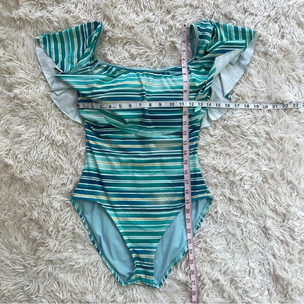 Vince Camuto Mediterranean Sea Stripe Ruffle Off-The-Shoulder One-Piece Azure 12 - Picture 3 of 8